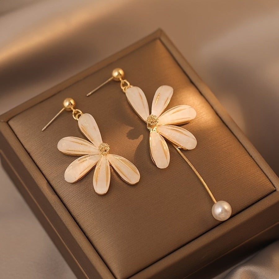 Asymmetrical Daisy Pearl Drop Earrings