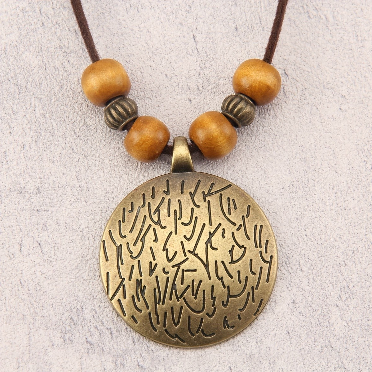 Engraved Disc Wooden Bead Necklace
