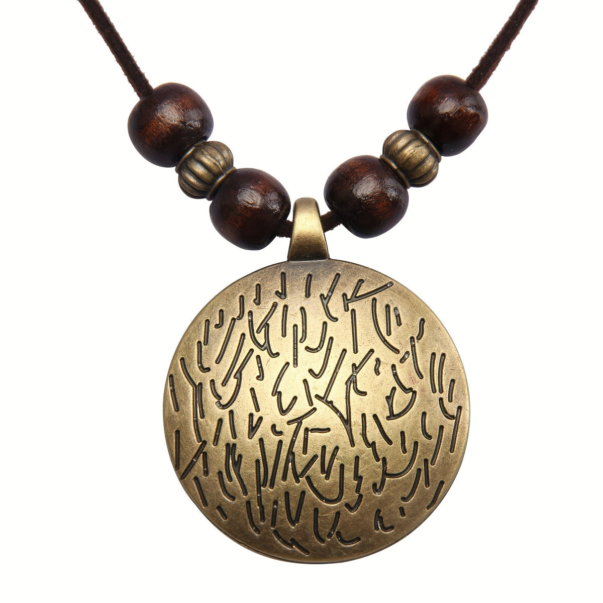 Engraved Disc Wooden Bead Necklace