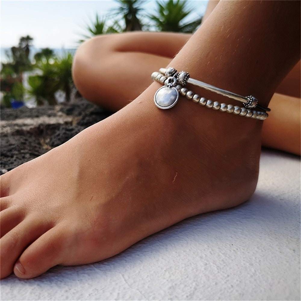 Silver-Tone Bar & Bead Anklet