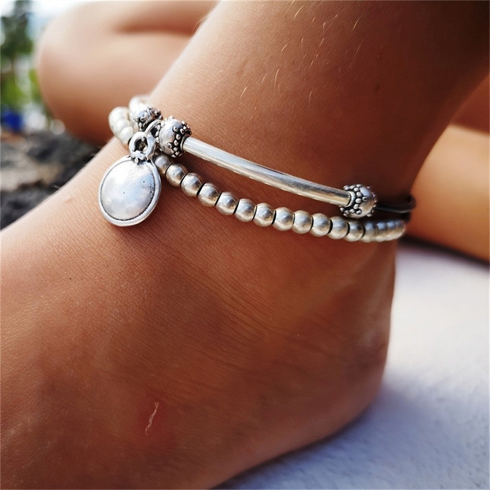 Silver-Tone Bar & Bead Anklet