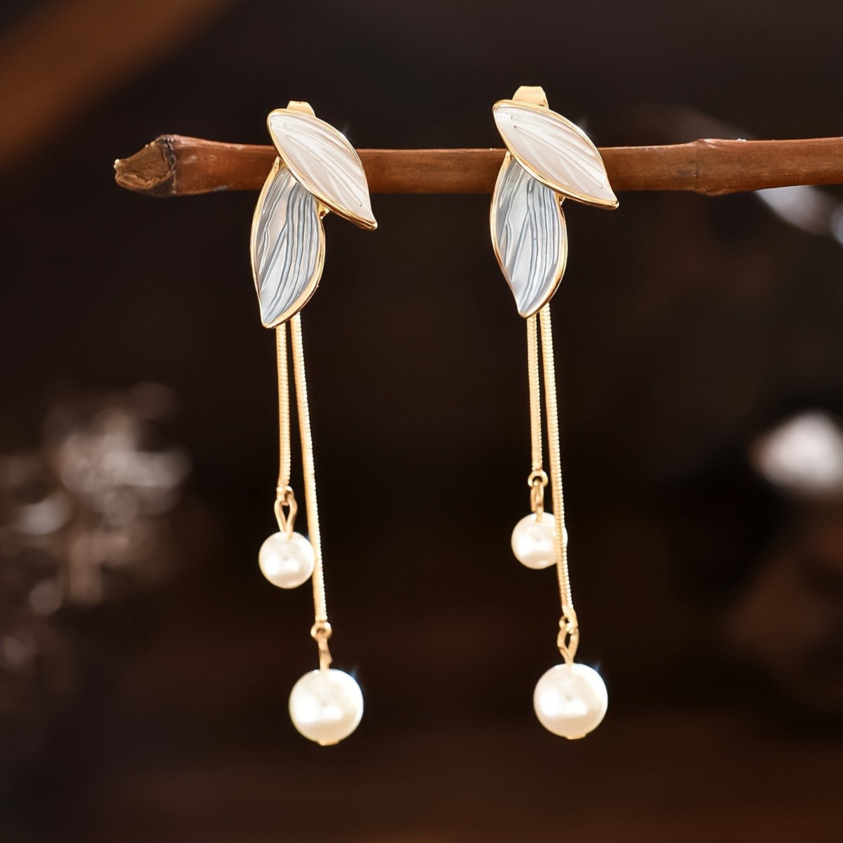 Enamel Leaf Pearl Drop Earrings