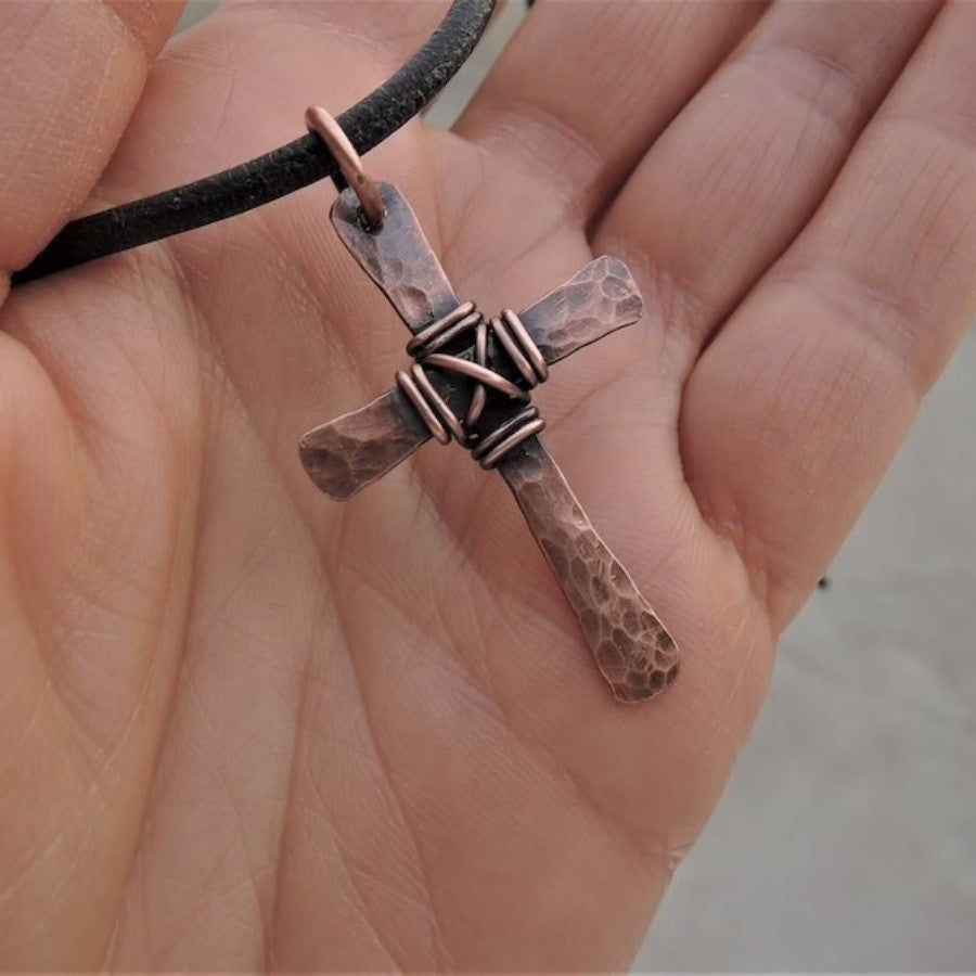 Hammered Wire Wrap Cross Necklace