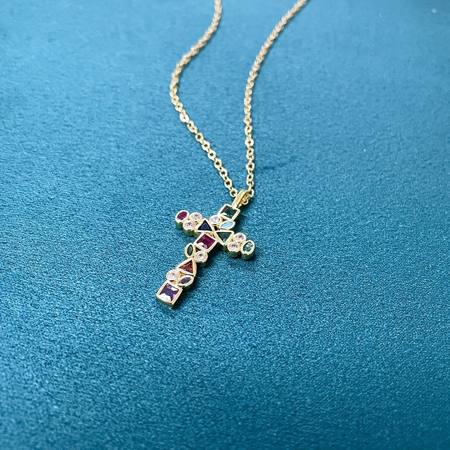 Multicolor Gemstone Cross Necklace