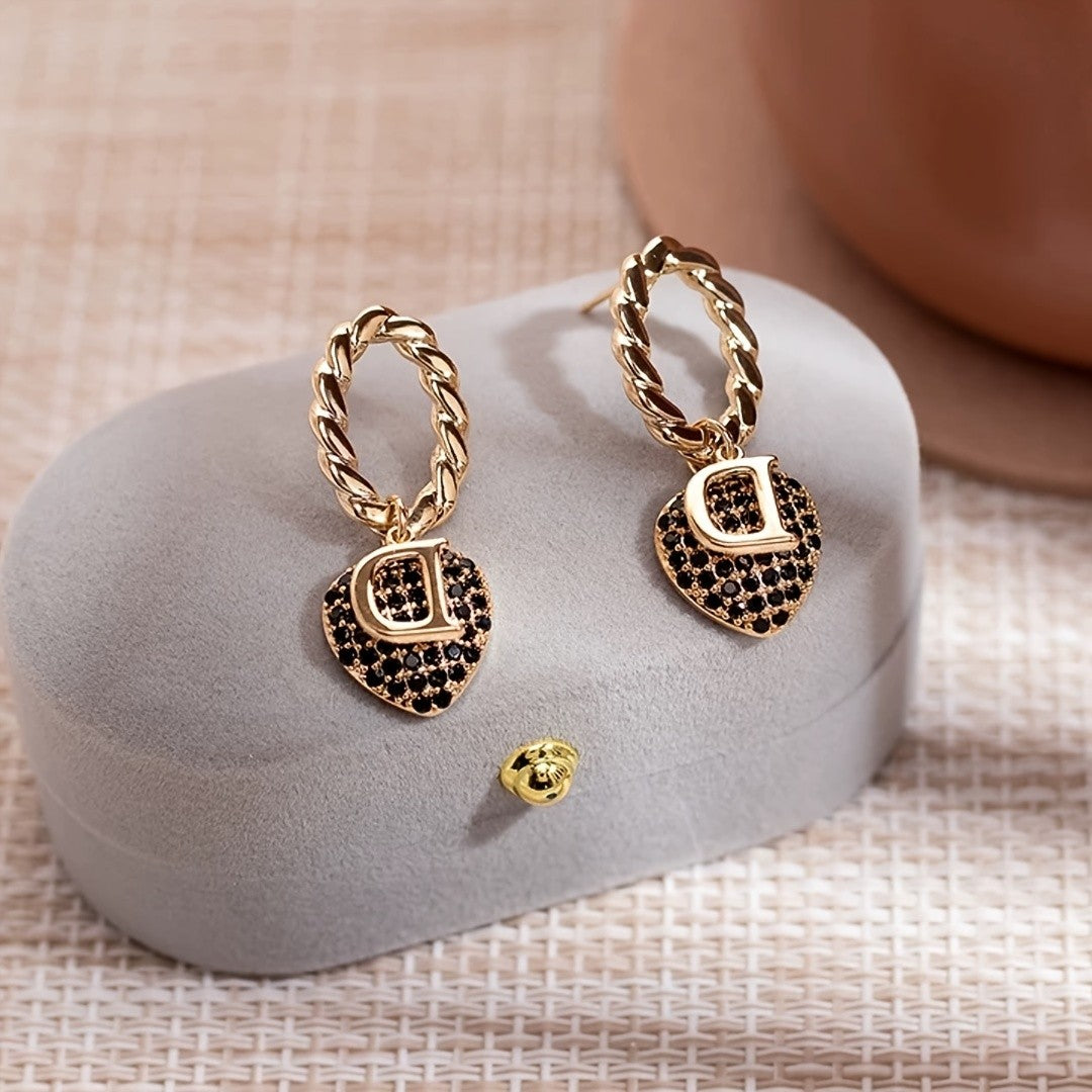 Black Zircon Initial Heart Earrings
