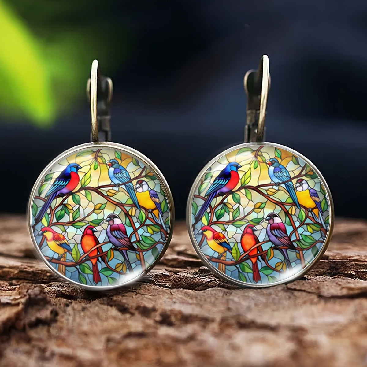 Stained Glass Birds Round Earrings