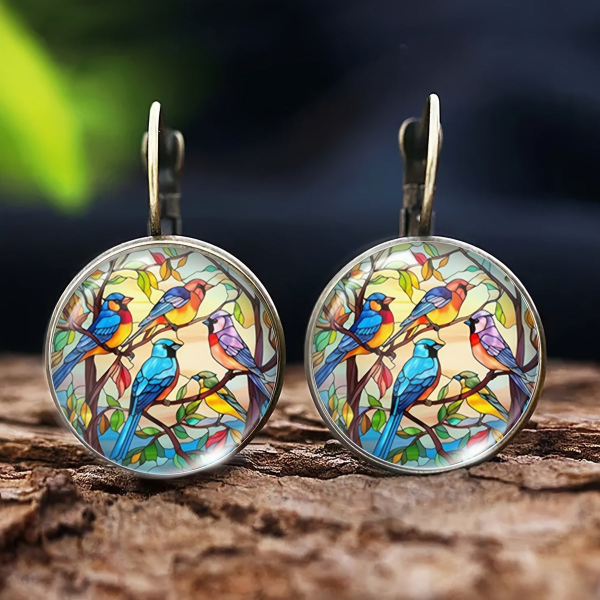 Stained Glass Birds Round Earrings