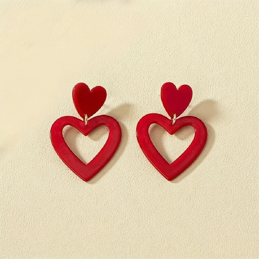 Red Stacked Hollow Heart Earrings
