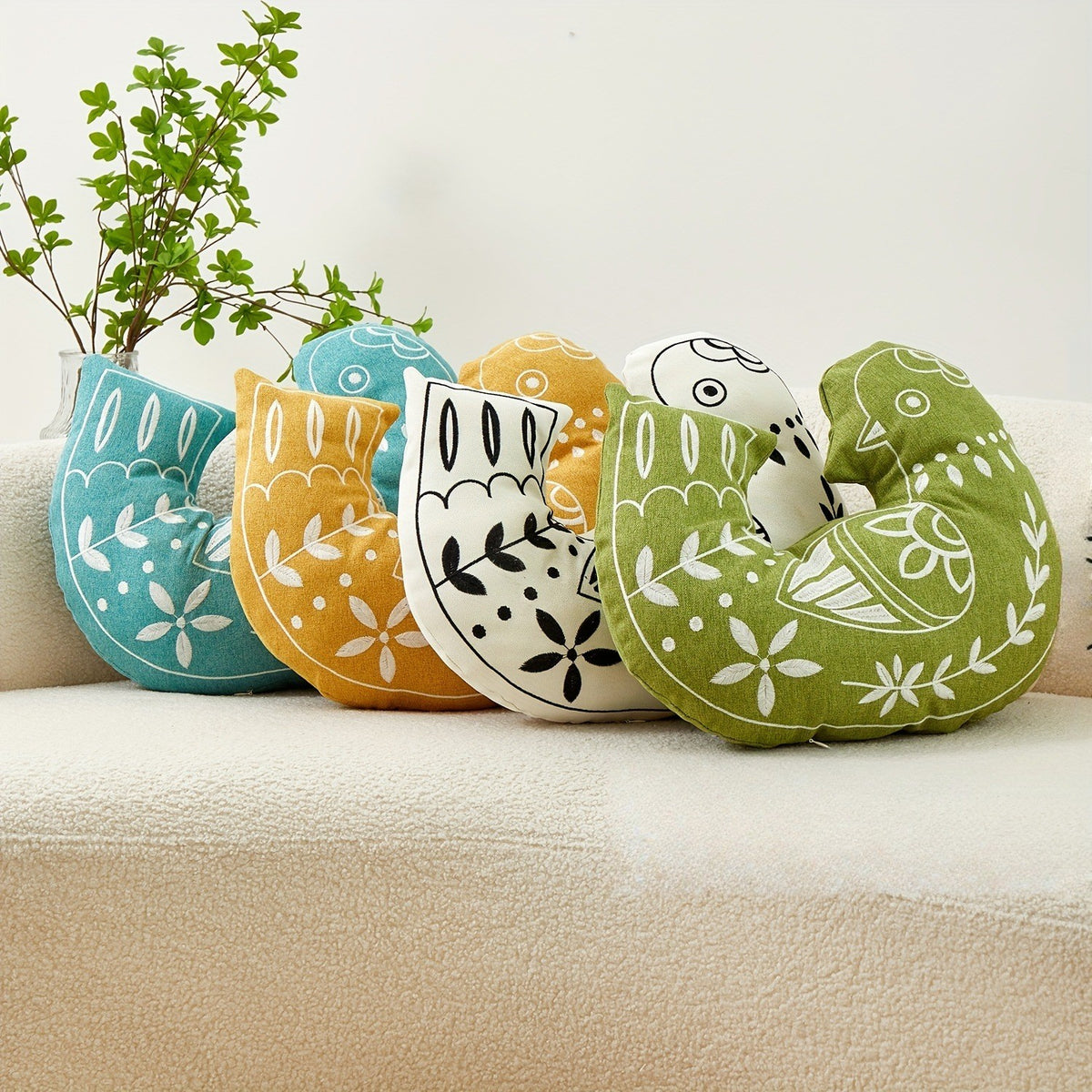Teal Embroidered Bird Pillow