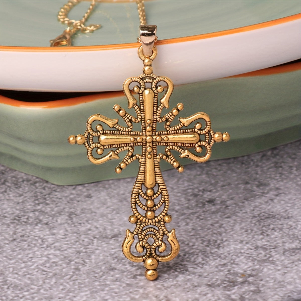 Beaded Scroll Cross Pendant Necklace