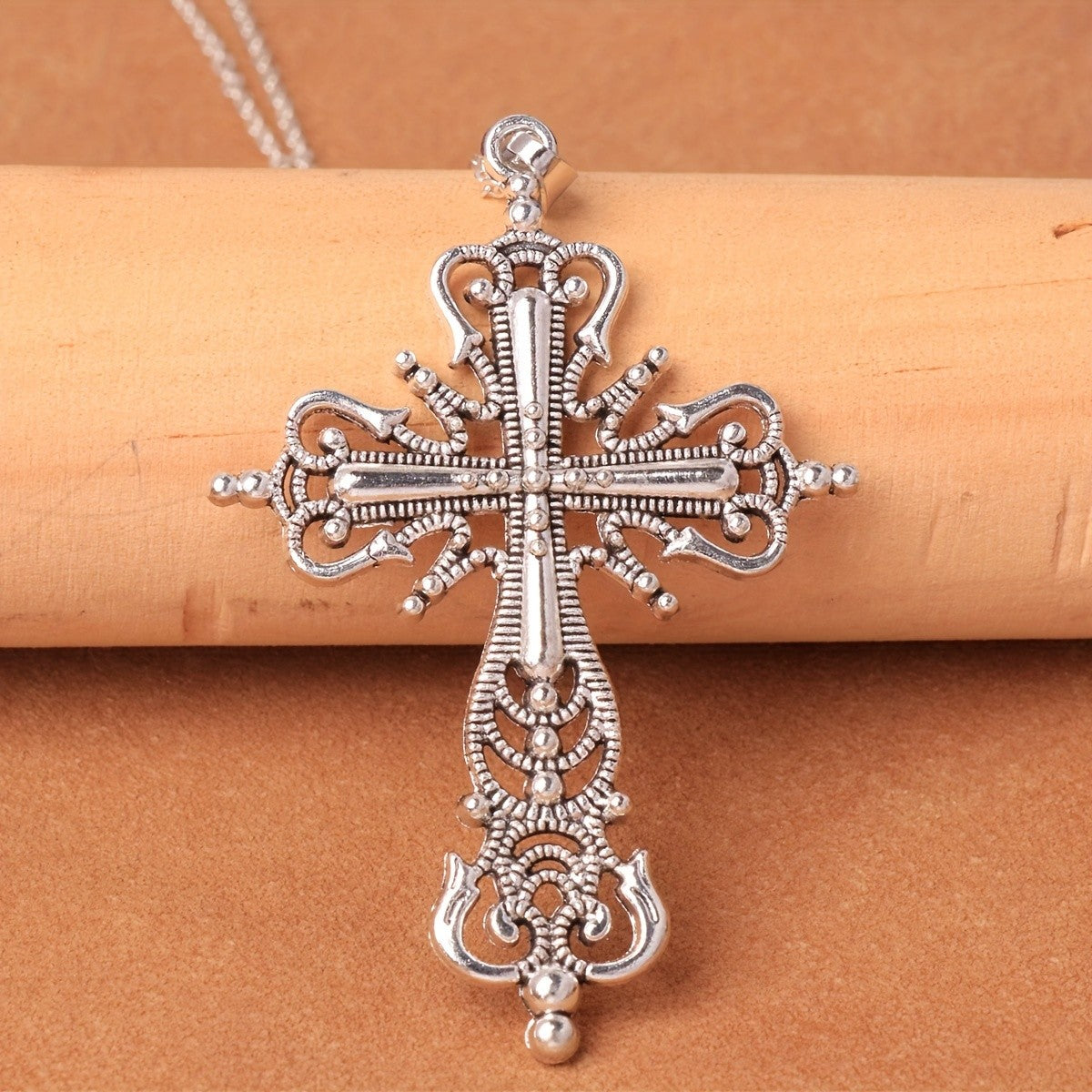 Beaded Scroll Cross Pendant Necklace