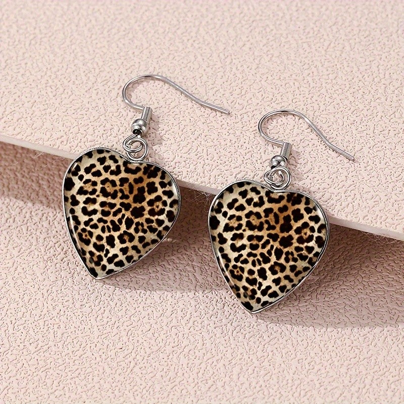 Leopard Glass Heart Drop Earrings
