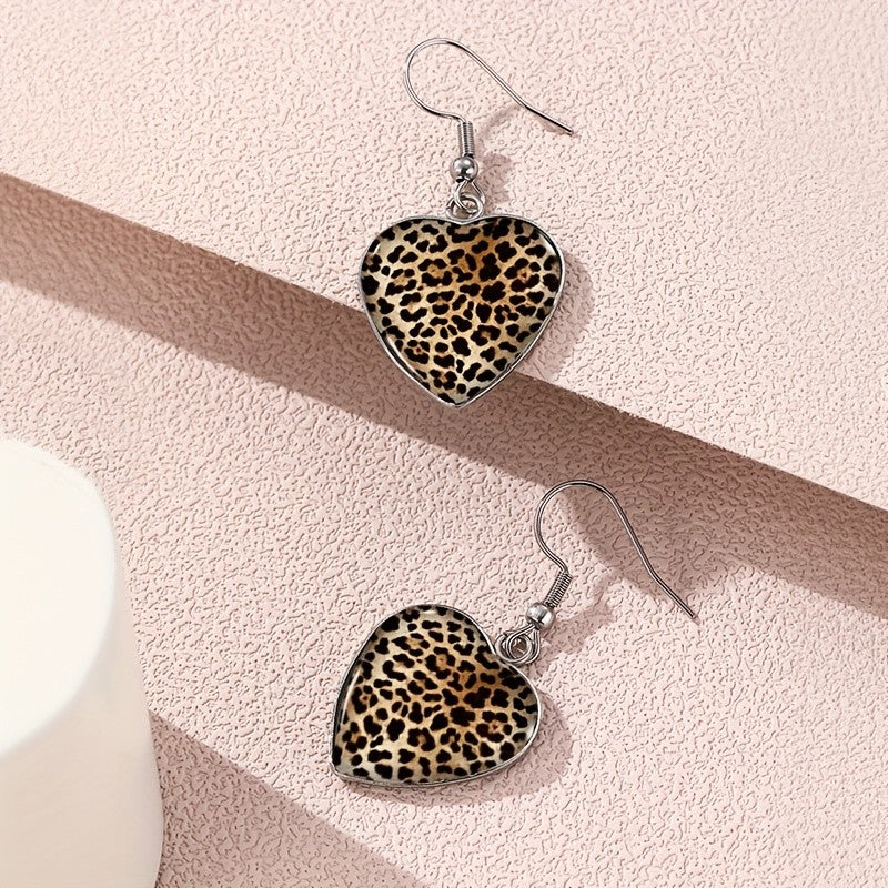 Leopard Glass Heart Drop Earrings