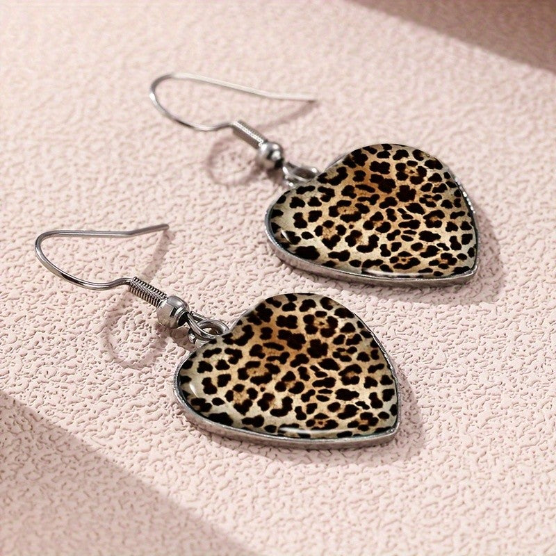 Leopard Glass Heart Drop Earrings