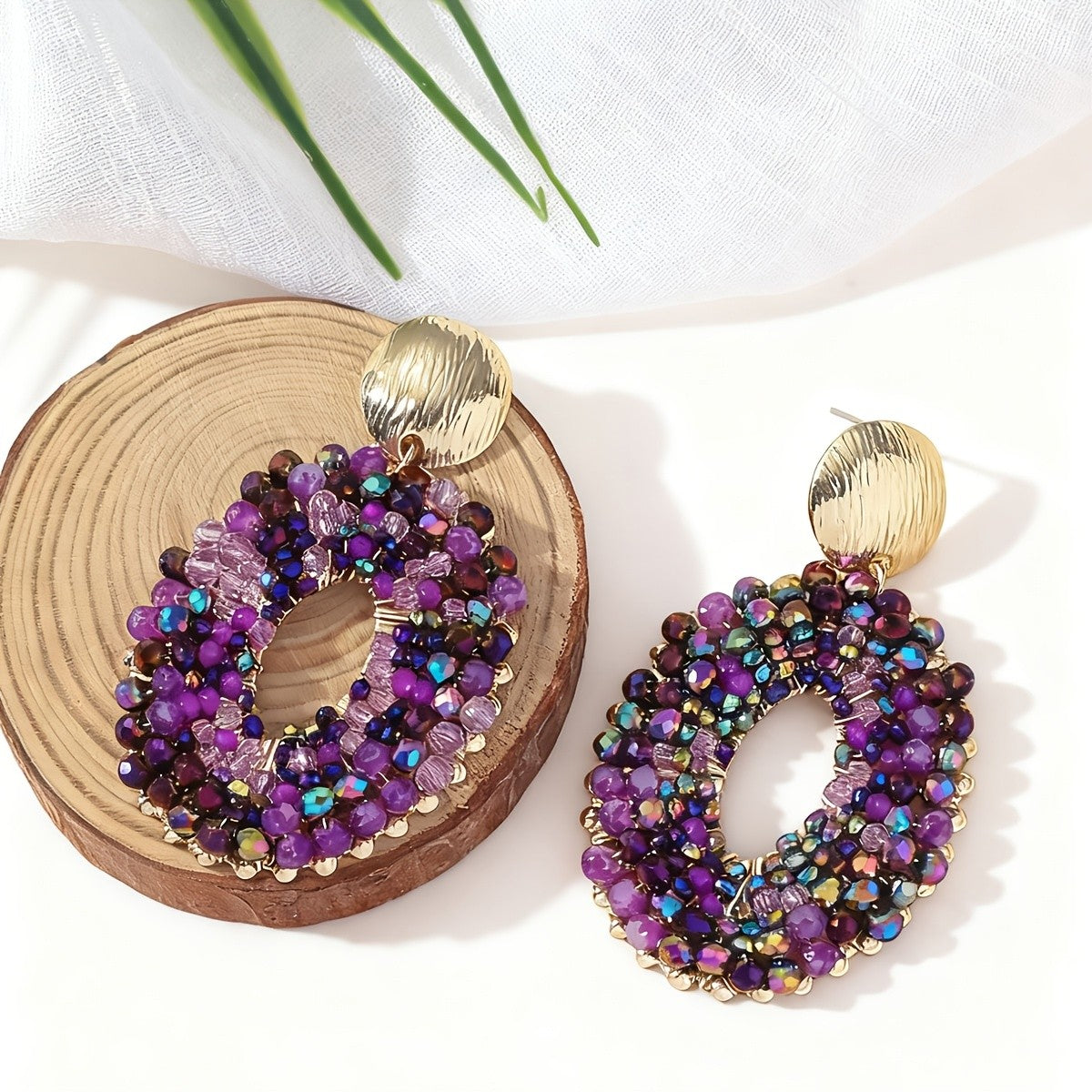 Blue Beaded Oval Drop Earrings