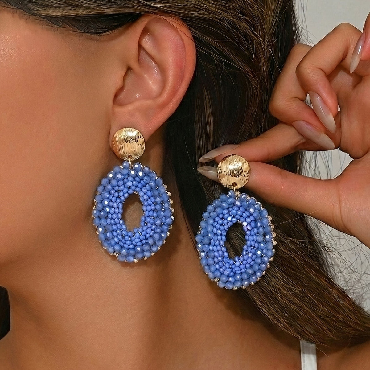 Blue Beaded Oval Drop Earrings
