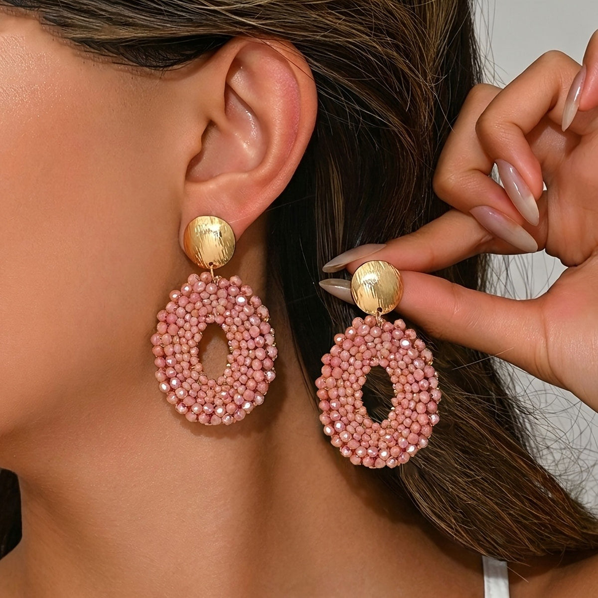 Blue Beaded Oval Drop Earrings