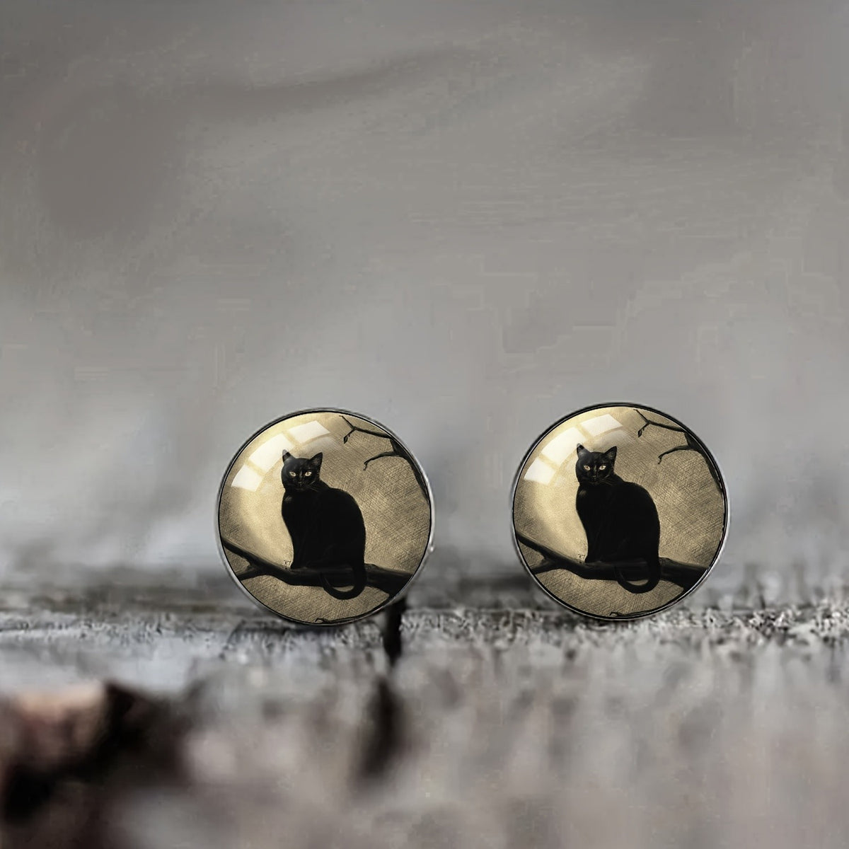 Black Cat Branch Dome Stud Earrings