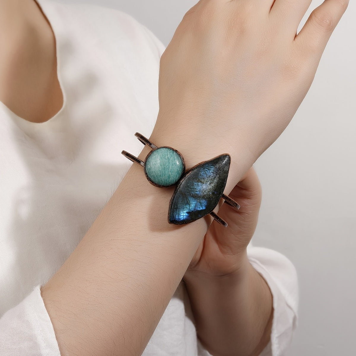 Labradorite & Amazonite Stone Cuff Bracelet