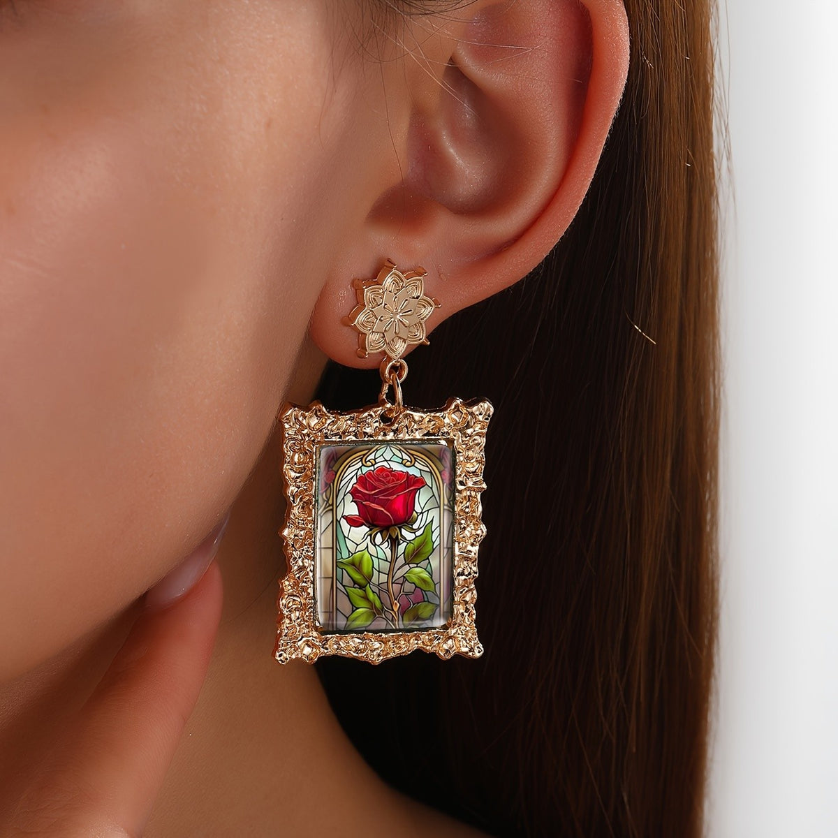Stained Glass Rose Earrings