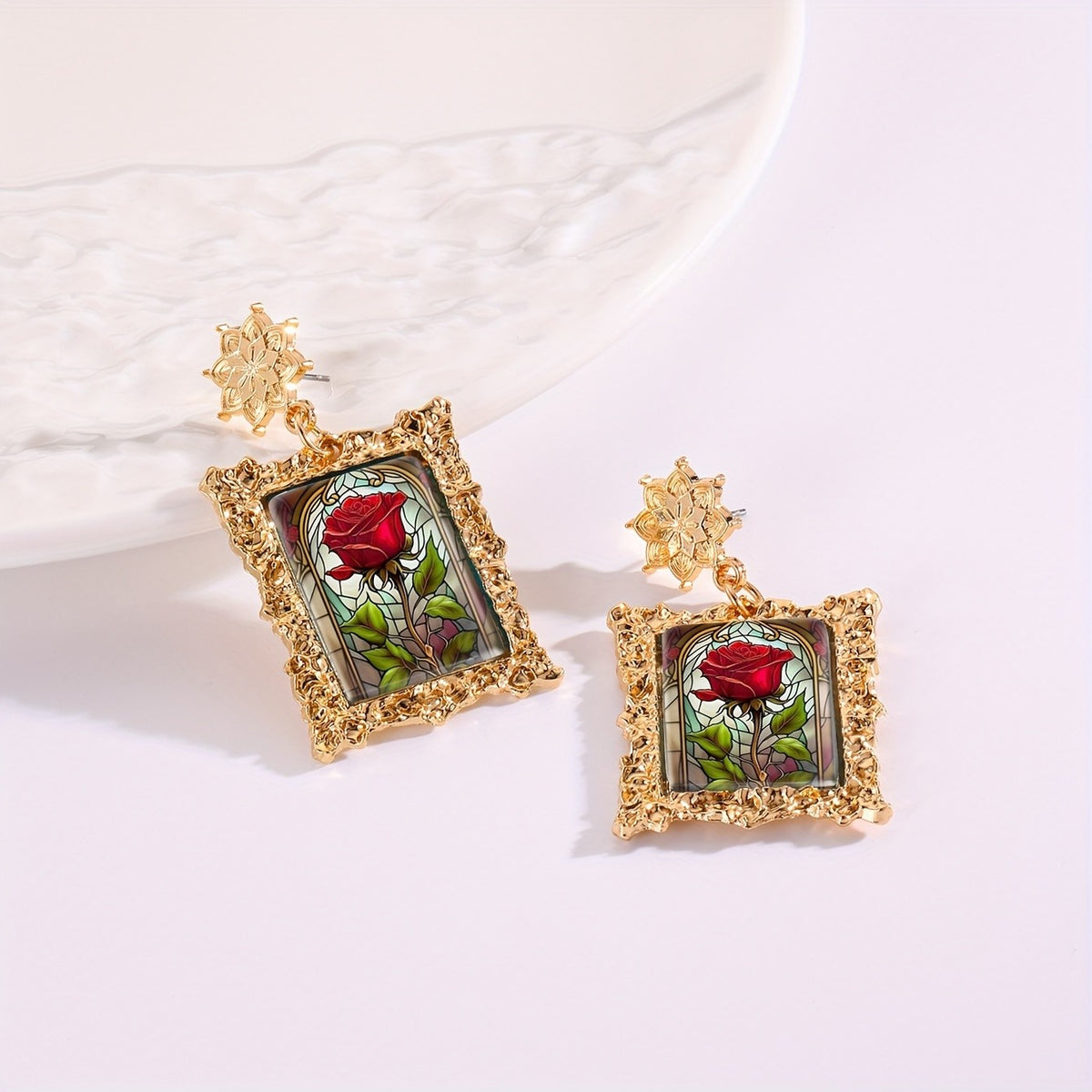 Stained Glass Rose Earrings