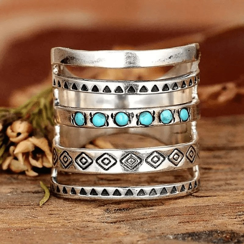 Turquoise & Geometric Multi-Band Cuff Ring