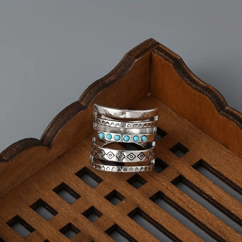 Turquoise & Geometric Multi-Band Cuff Ring