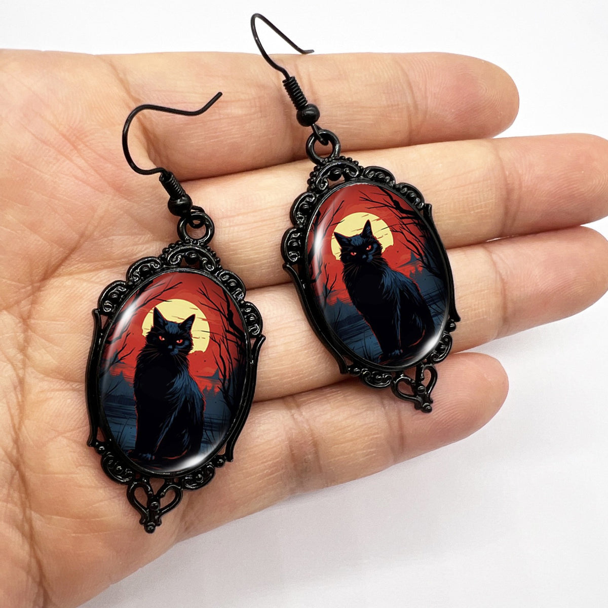Black Cat Oval Dangle Earrings