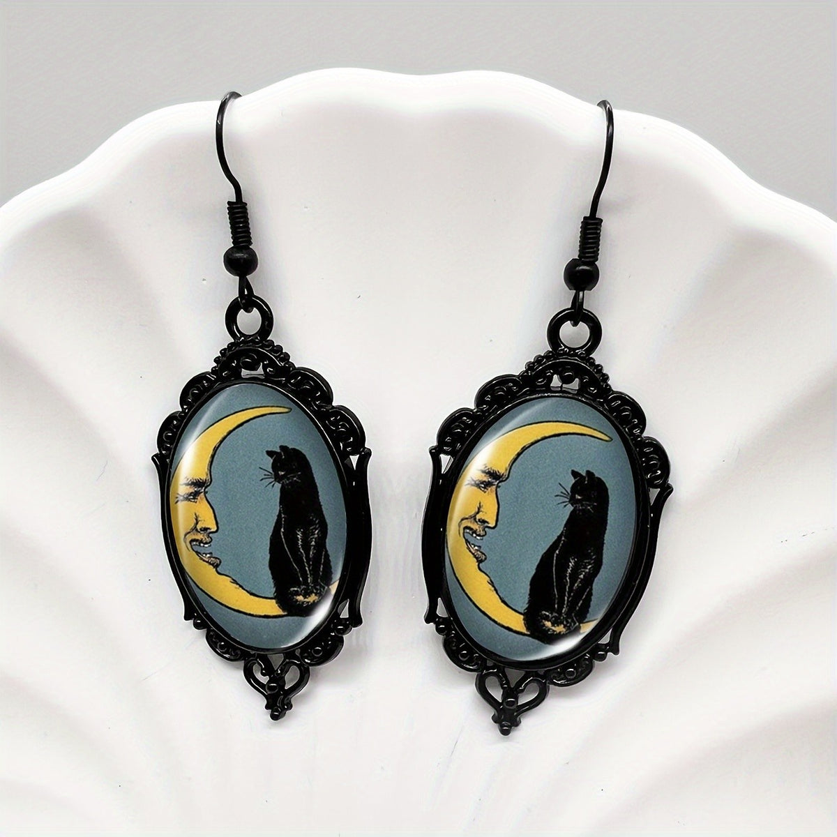 Black Cat Oval Dangle Earrings