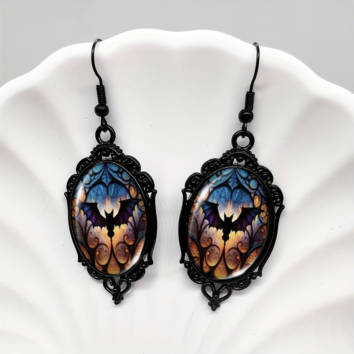 Gothic Bat Oval Earrings