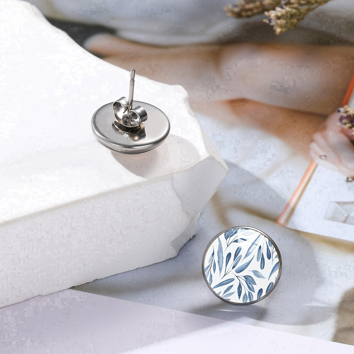 Blue Leaf Stud Earrings