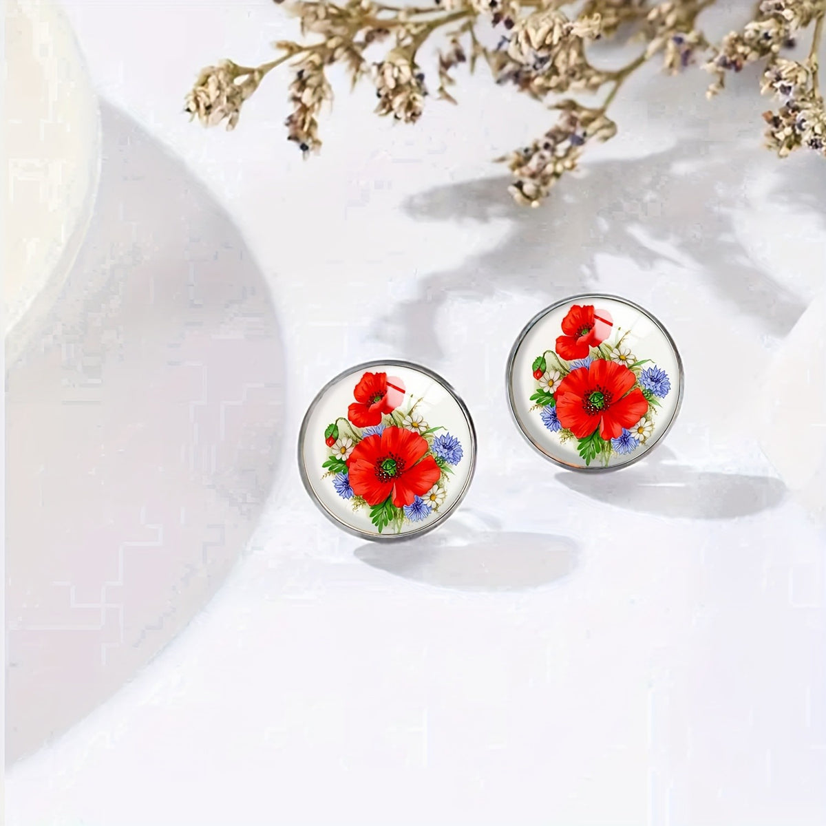 Red Poppy & Blue Floral Glass Dome Stud Earrings