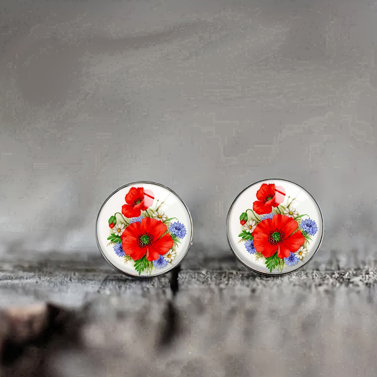 Red Poppy & Blue Floral Glass Dome Stud Earrings