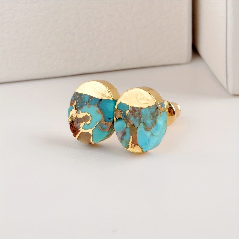 Gold-Topped Turquoise Oval Stud Earrings
