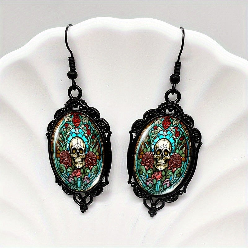 Floral Skull Oval Earrings
