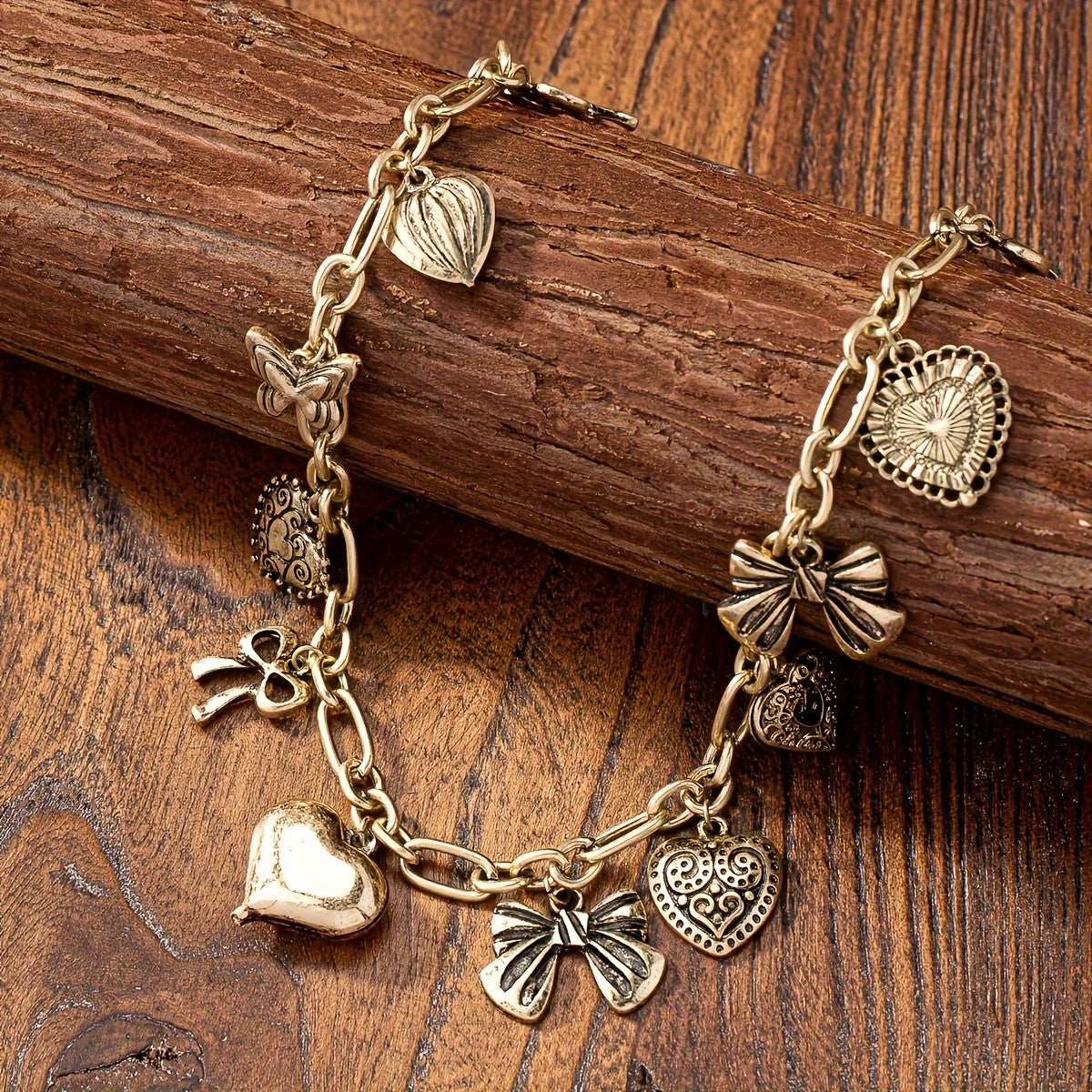 Vintage Heart & Bow Charm Necklace