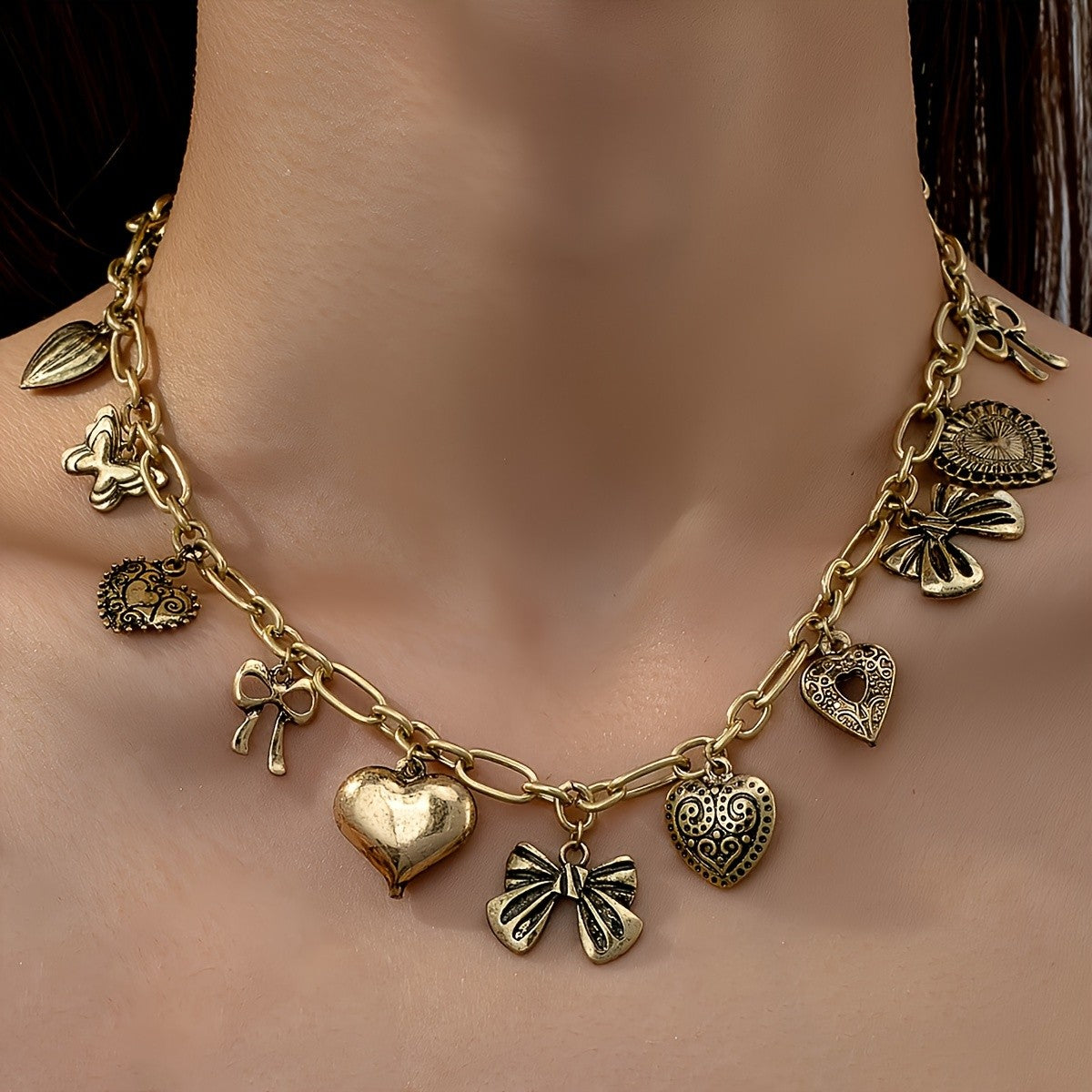 Vintage Heart & Bow Charm Necklace
