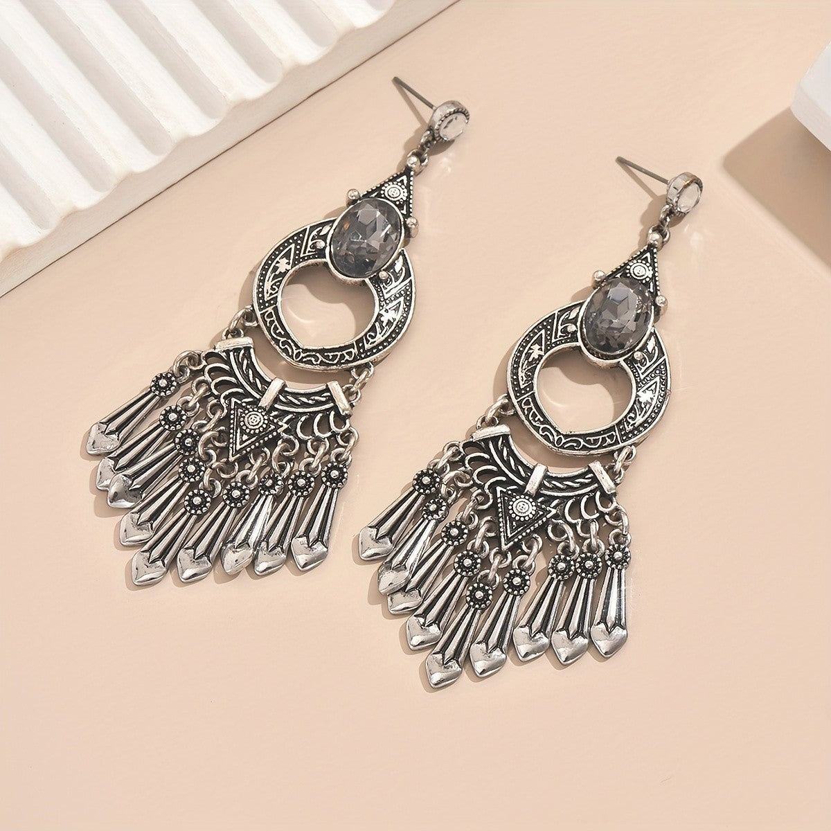 Vintage Oval Stone Tassel Earrings