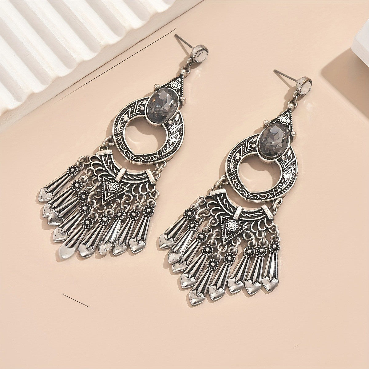Vintage Oval Stone Tassel Earrings