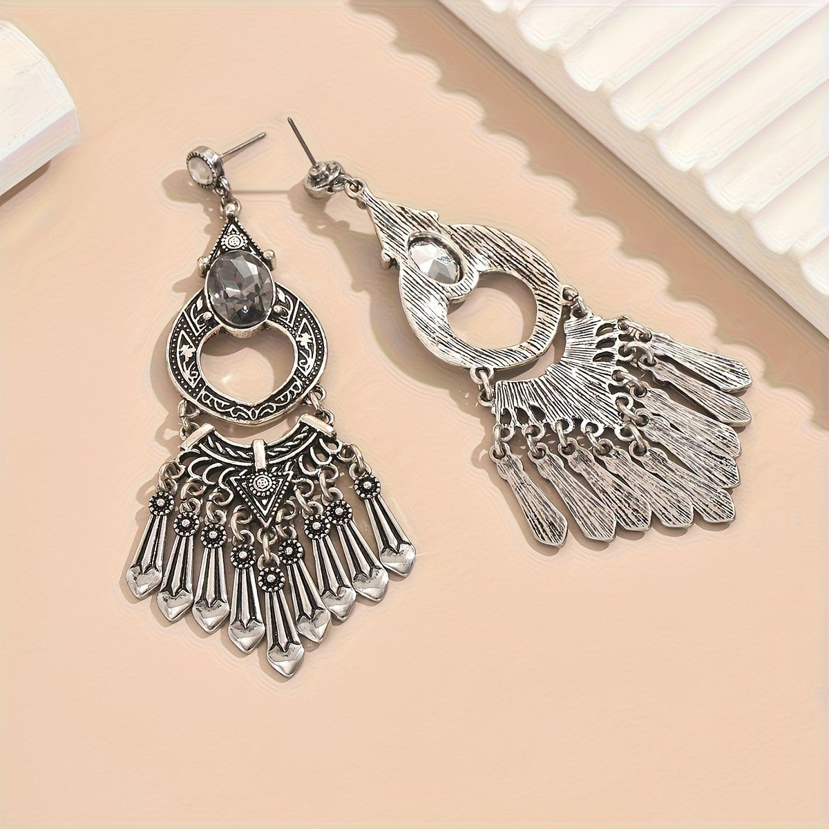 Vintage Oval Stone Tassel Earrings