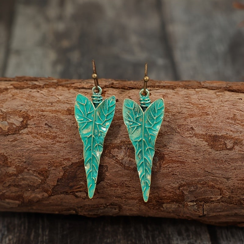 Distressed Teal Leaf Earrings