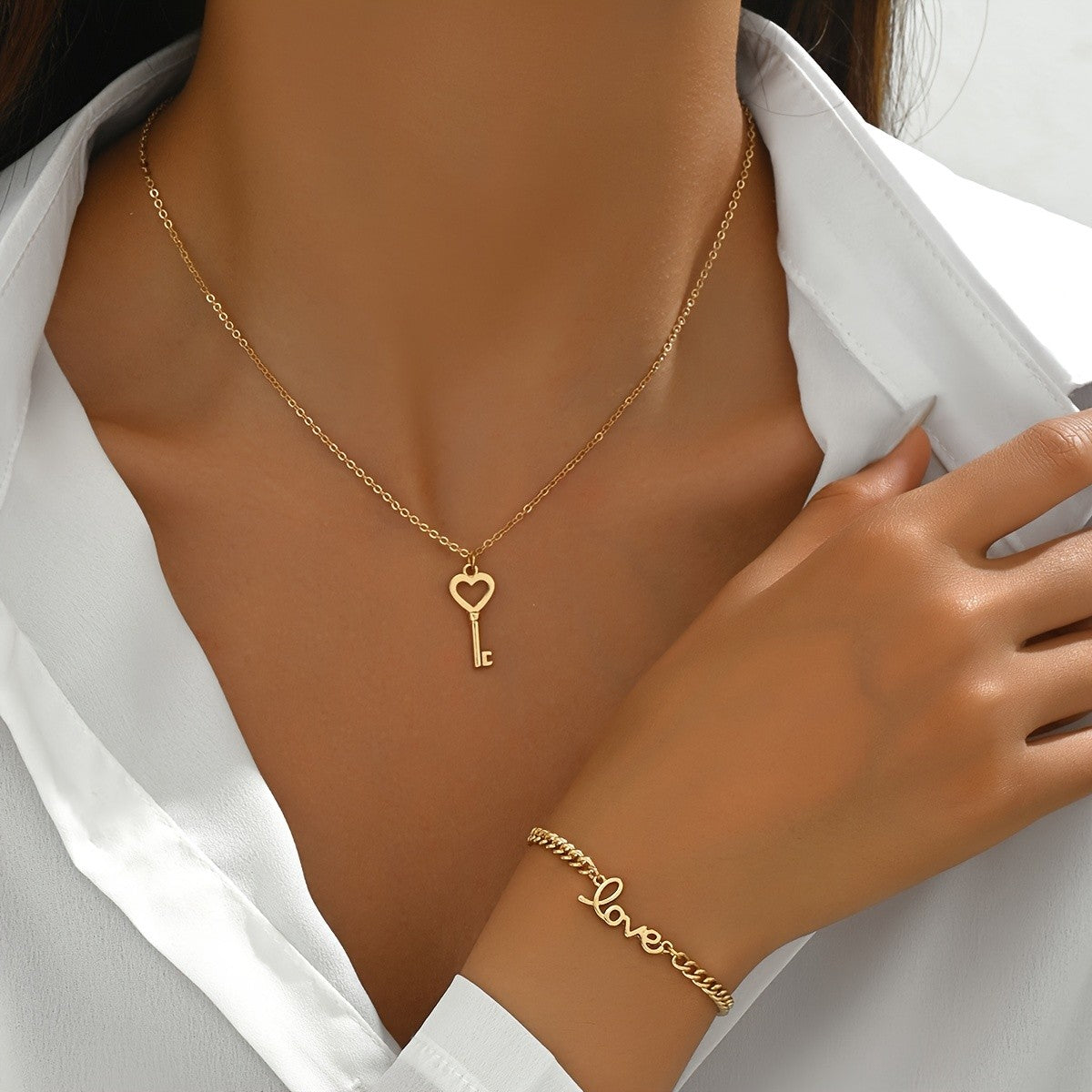Heart Key Necklace & Love Bracelet Set