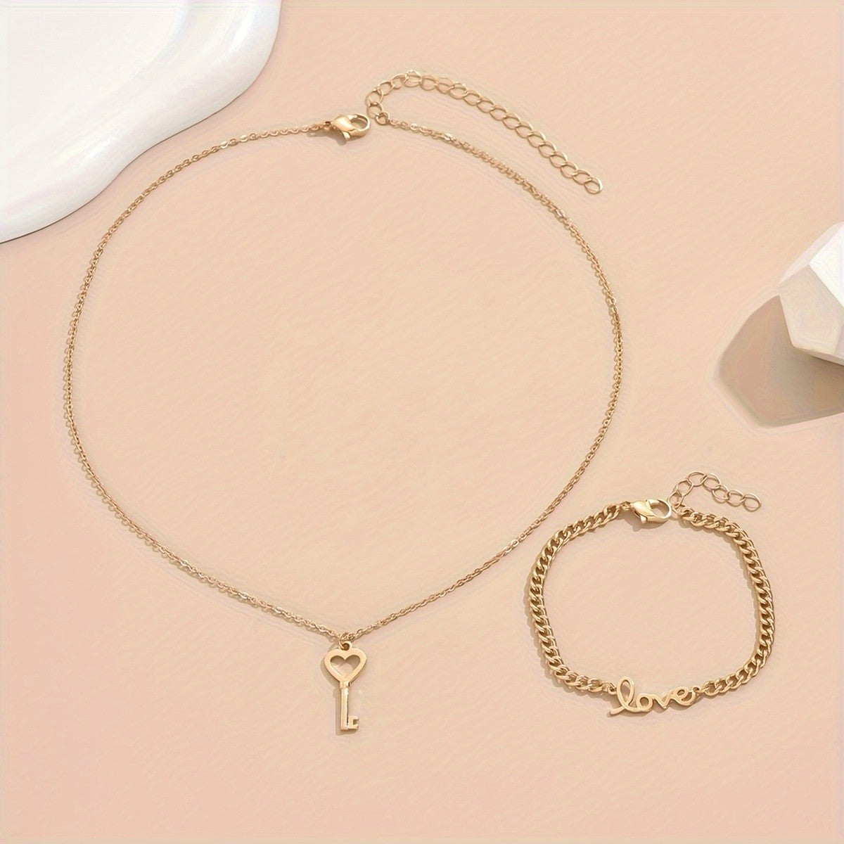 Heart Key Necklace & Love Bracelet Set