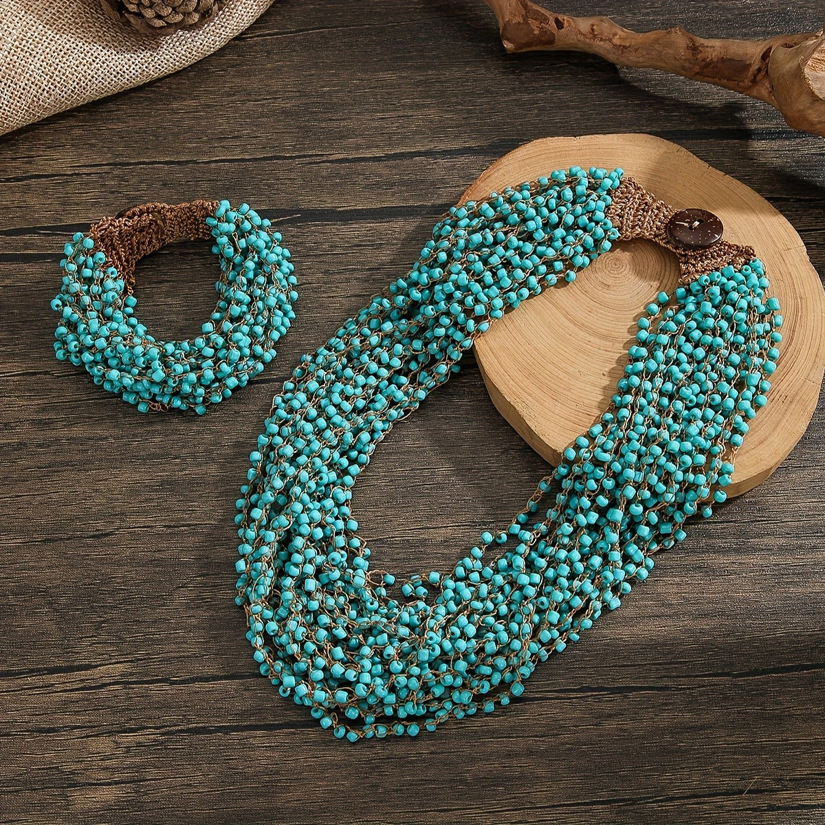 Turquoise Beaded Mesh Scarf Necklace
