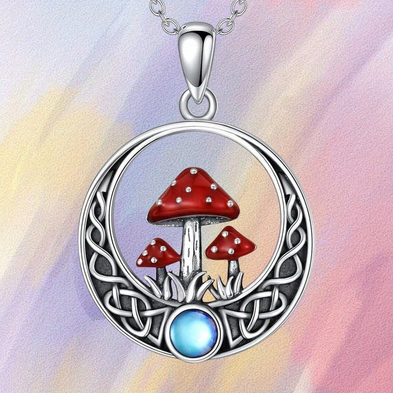 Red Mushroom Circle Pendant Necklace