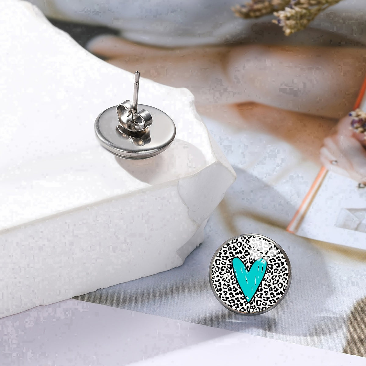 Teal Heart Leopard Stud Earrings