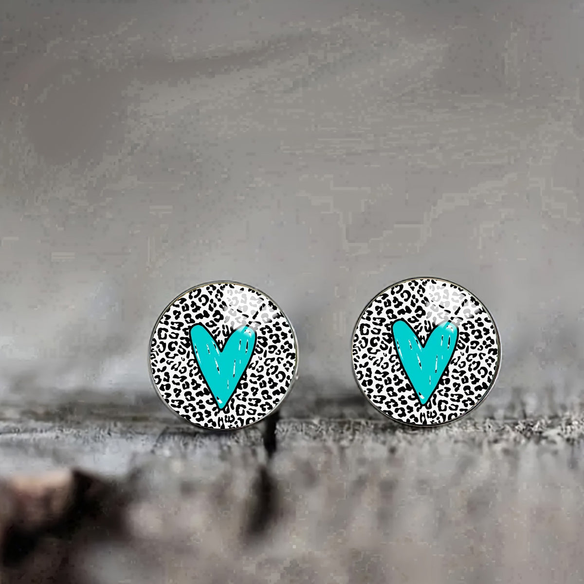 Teal Heart Leopard Stud Earrings