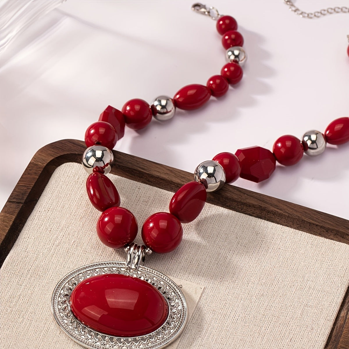 Red Bead Oval Pendant Necklace