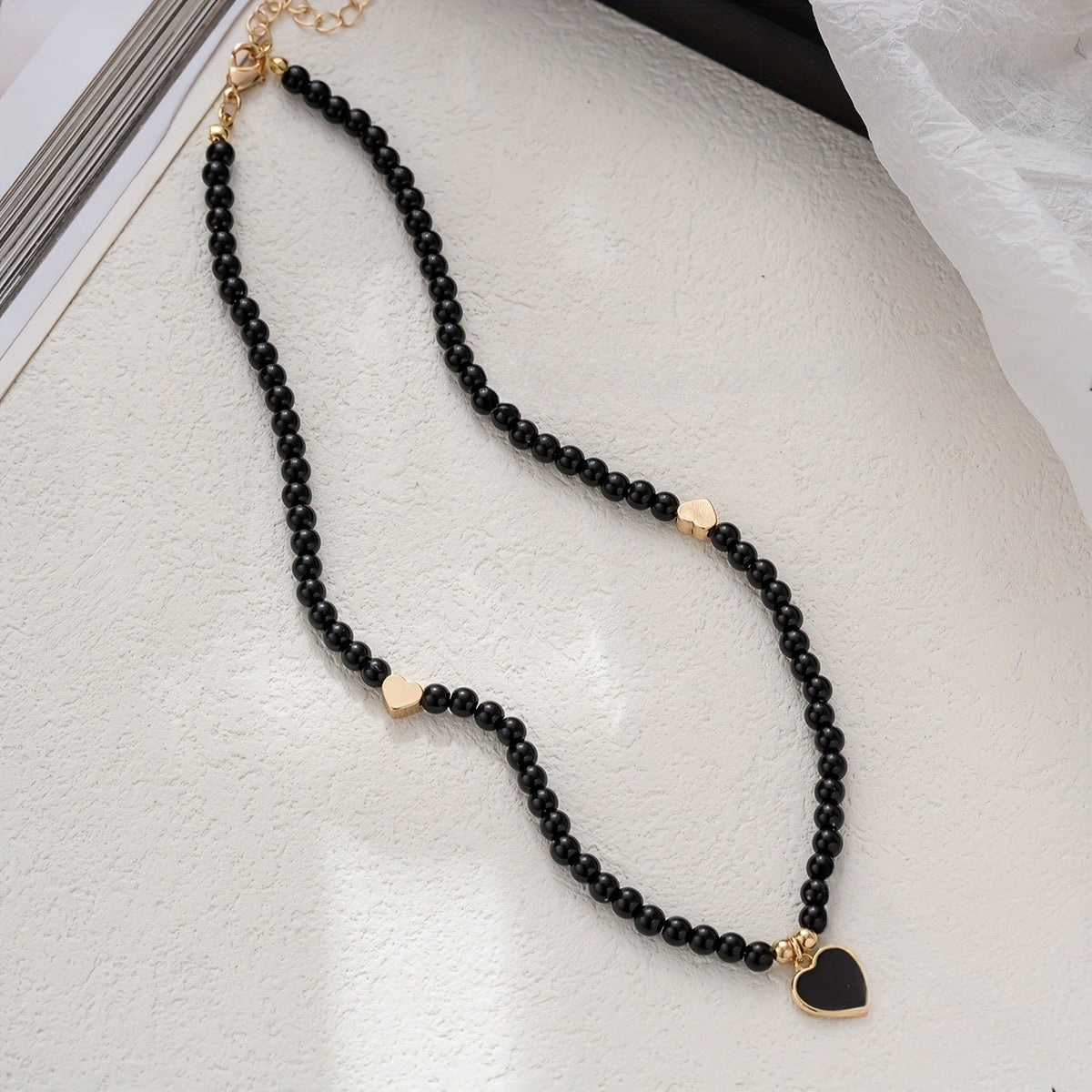 Black Bead Heart Charm Necklace