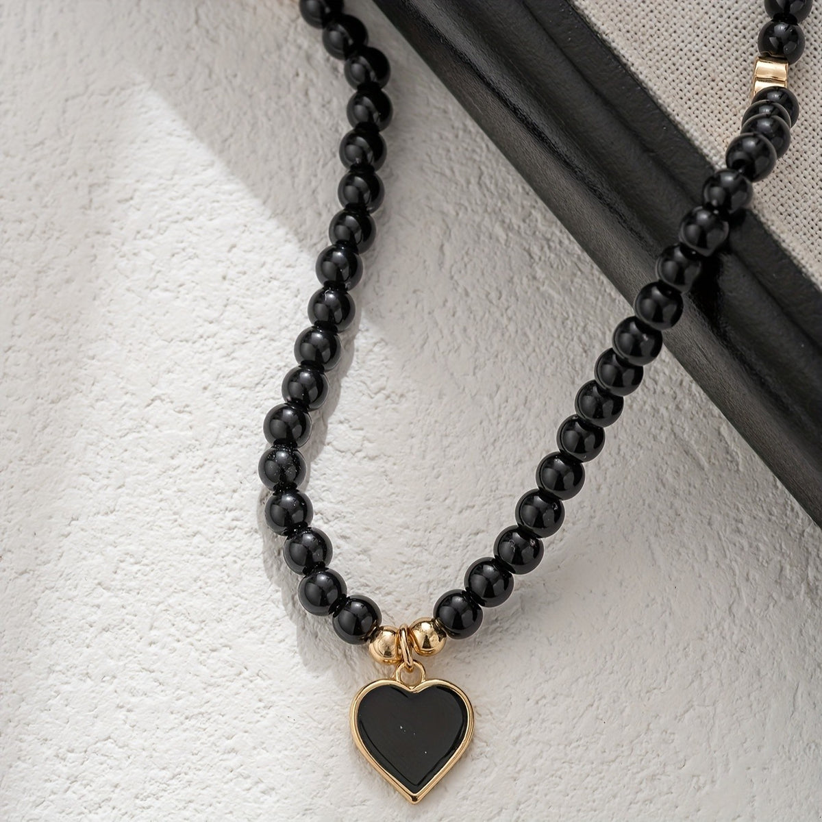 Black Bead Heart Charm Necklace